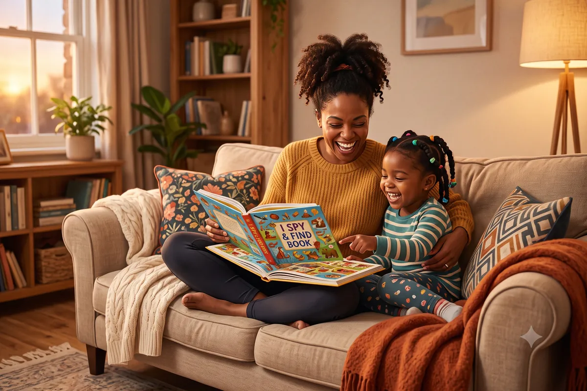mother and preschool child playing an i-spy first sounds game on a sofa, pre reading skills practice