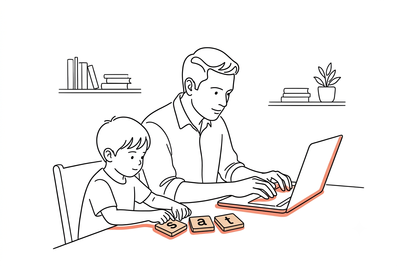 parent using an AI tool to create reading practice while child plays with letter tiles