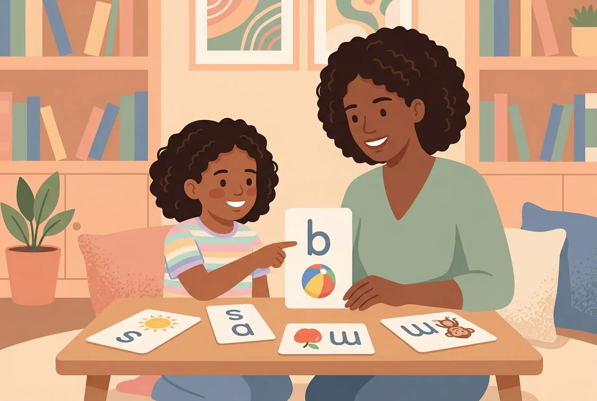 parent and child sitting together practicing lowercase letter sounds with flashcards