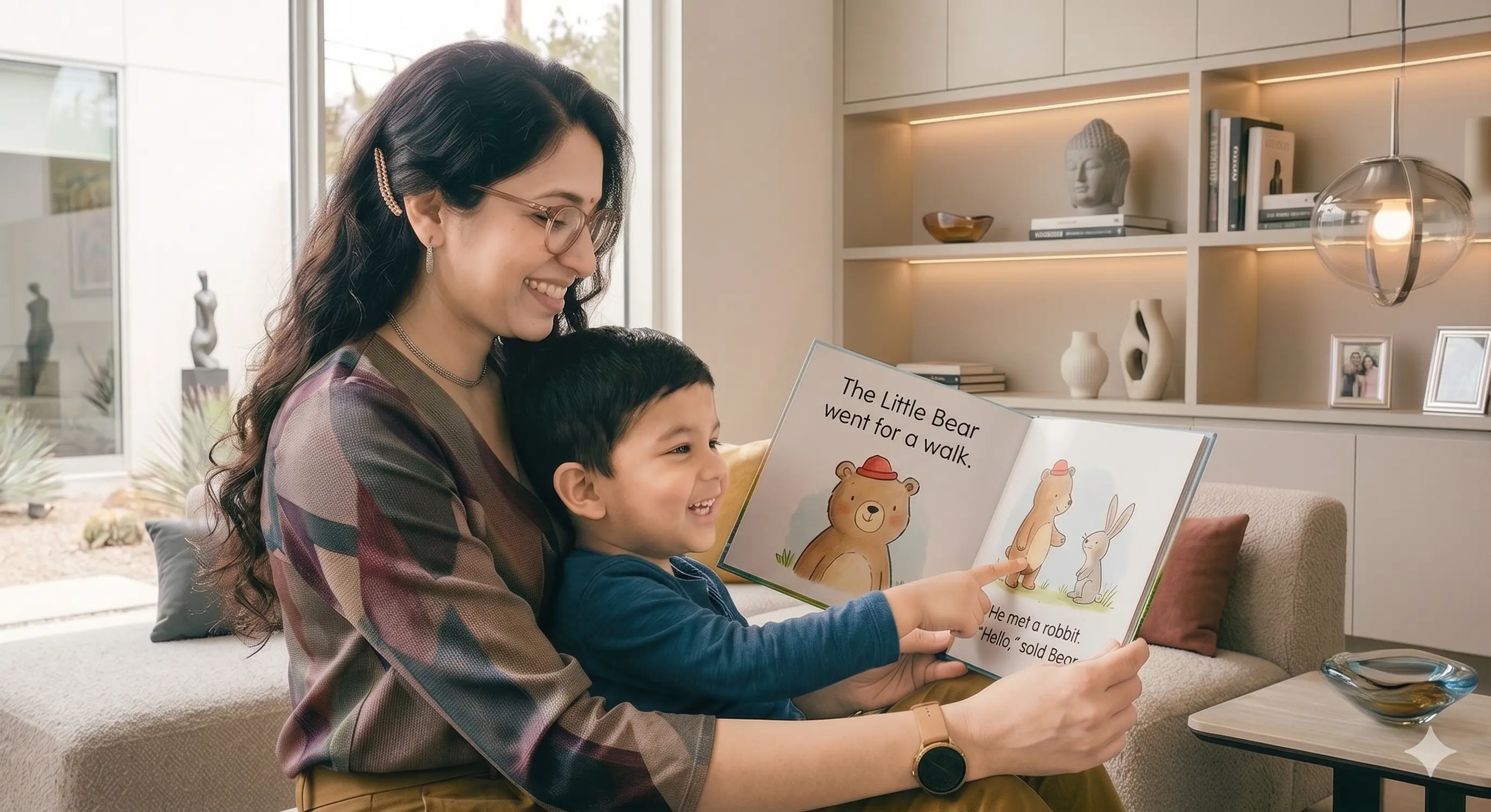 parent and child sitting together reading a book, with the child pointing at words on the page