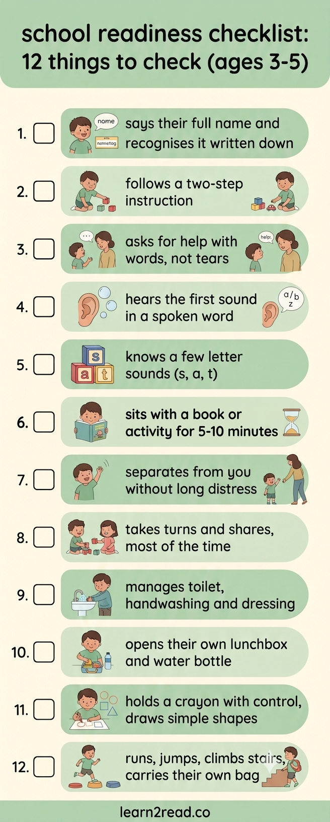 12 point school readiness checklist infographic for parents of 3 to 5 year olds