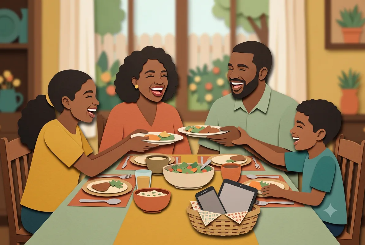 family dinner with devices set aside in a basket, a screen time do for kids